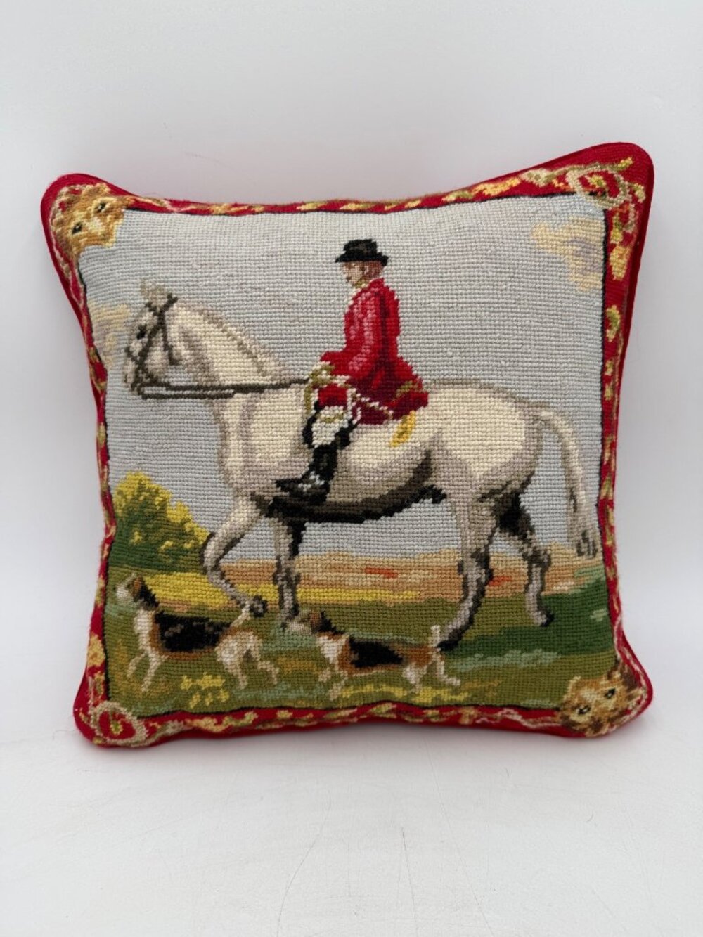 Michaelian Home Equestrian Needlepoint Throw Pillow Hunting Scene Horse Red Velv